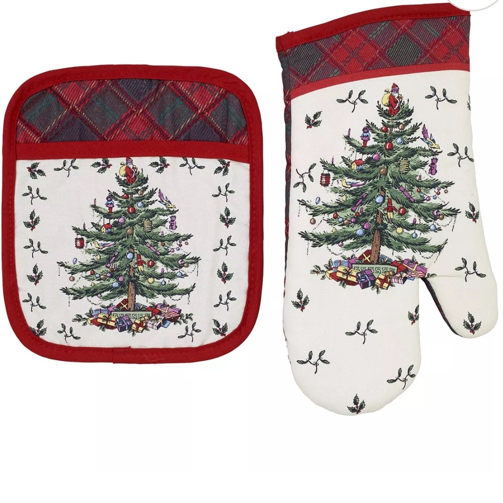NWT Spode Christmas Tree Tartan Oven Mitt and Pot Holder Set